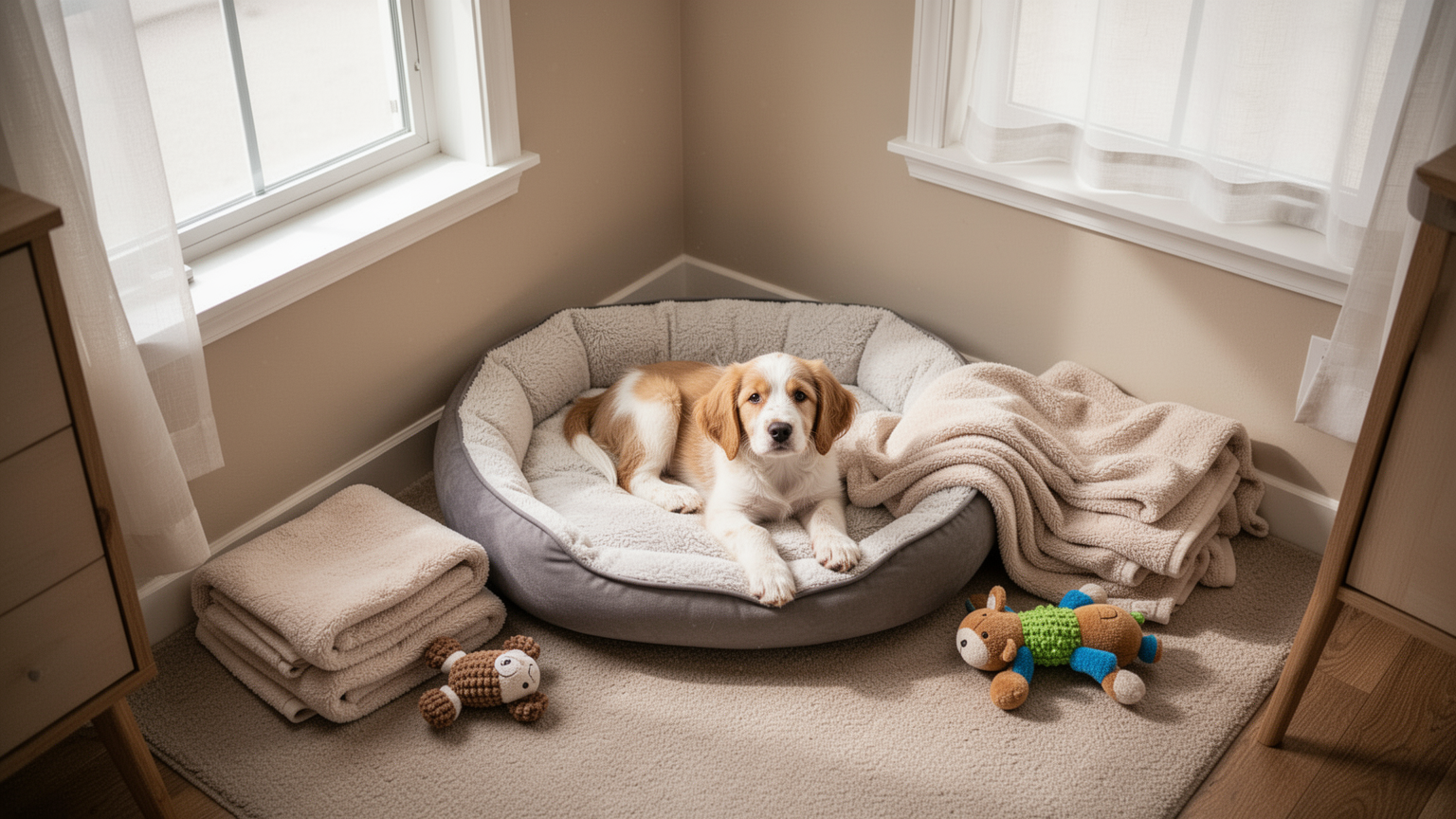 A calm puppy safe space with soft bedding, toys, and natural lighting in a quiet room corner
