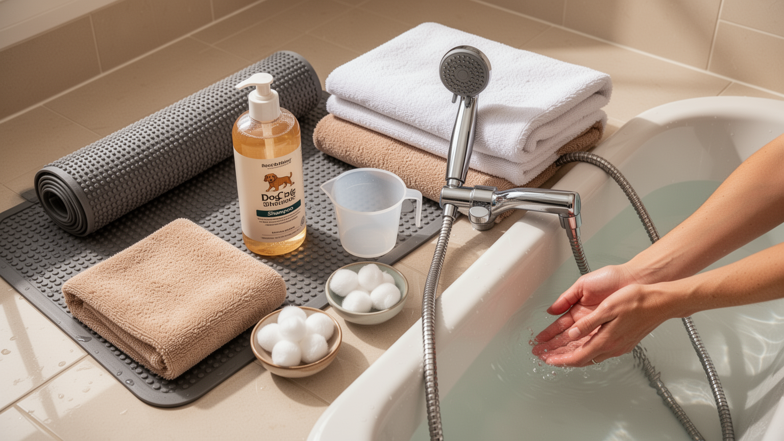 Bathing supplies laid out on a clean surface: towels, shampoo, cup, spray nozzle, cotton balls, and a non-slip mat.