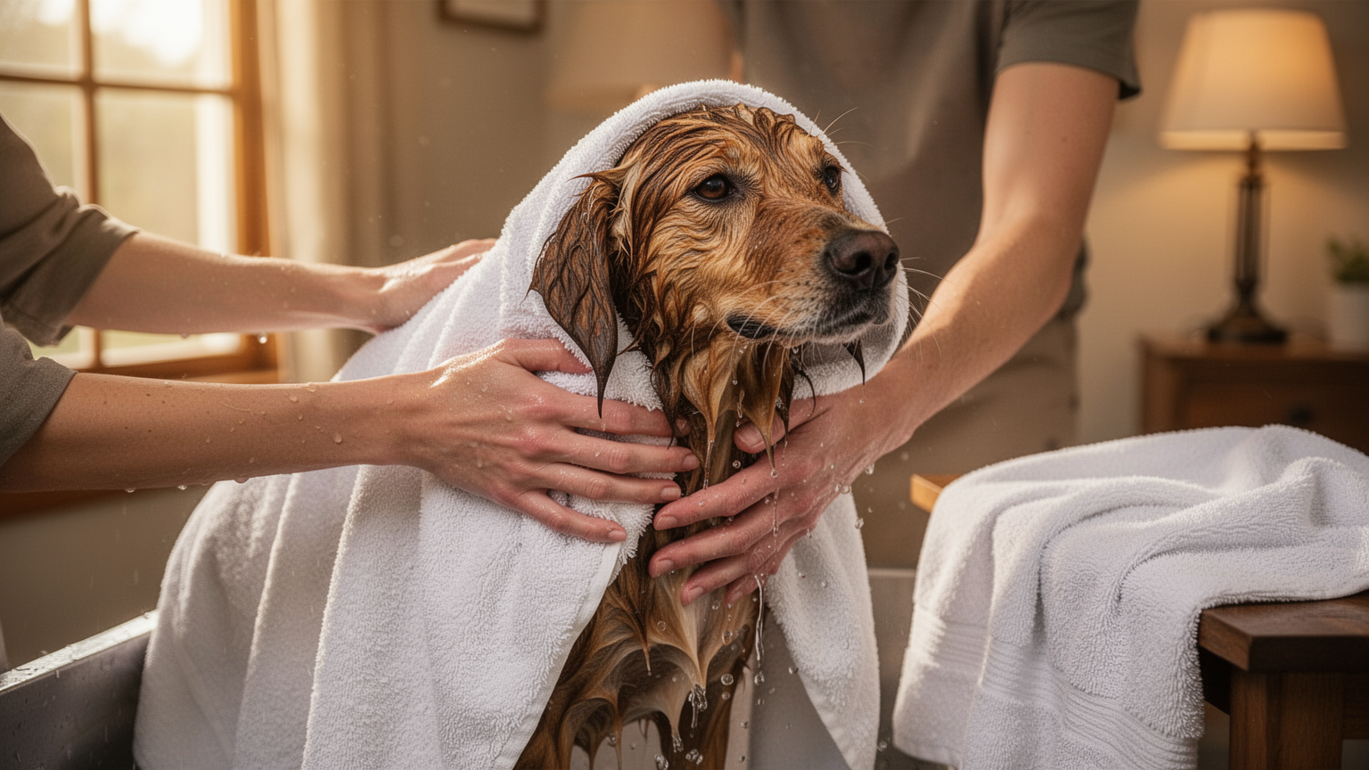 A handler gently wrapping and squeezing a wet dog in a large towel to absorb water.