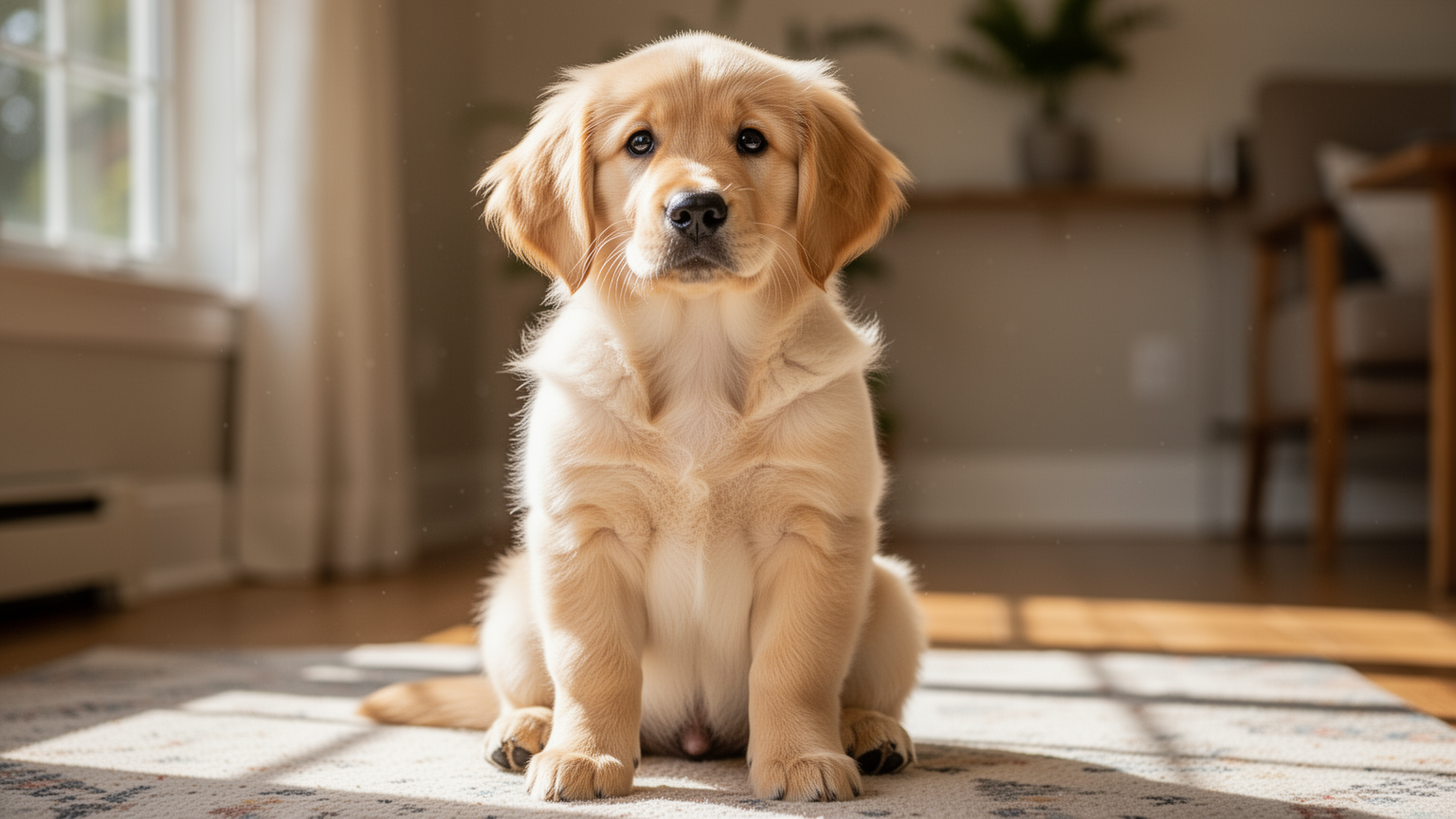 A six-month-old golden retriever puppy in a sunlit home.