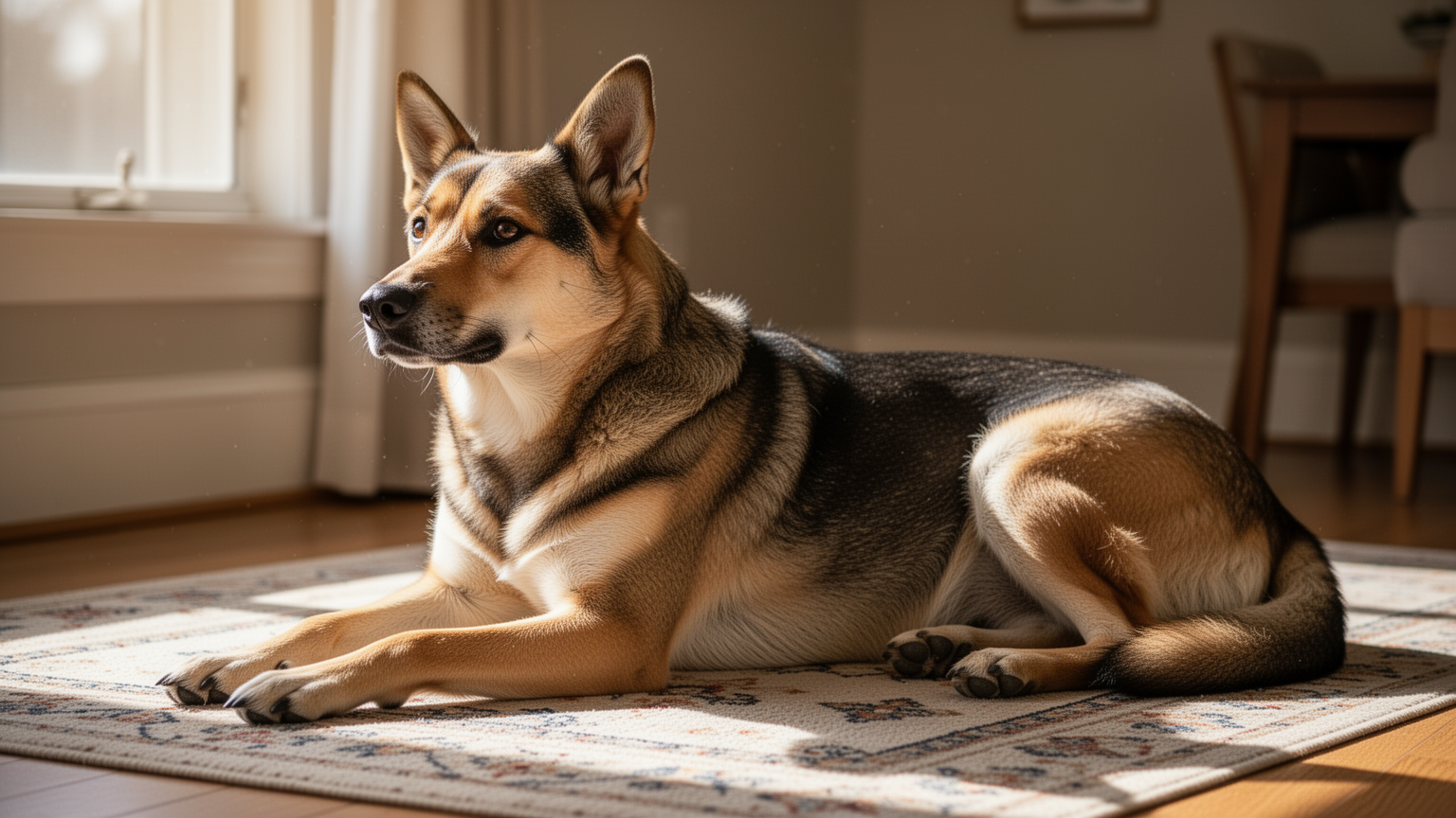 A healthy adult dog resting indoors, showing good long-term health outcomes.