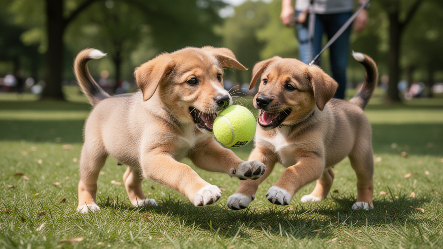 Puppy playing with a toy during an outdoor walk, showing energy and joy