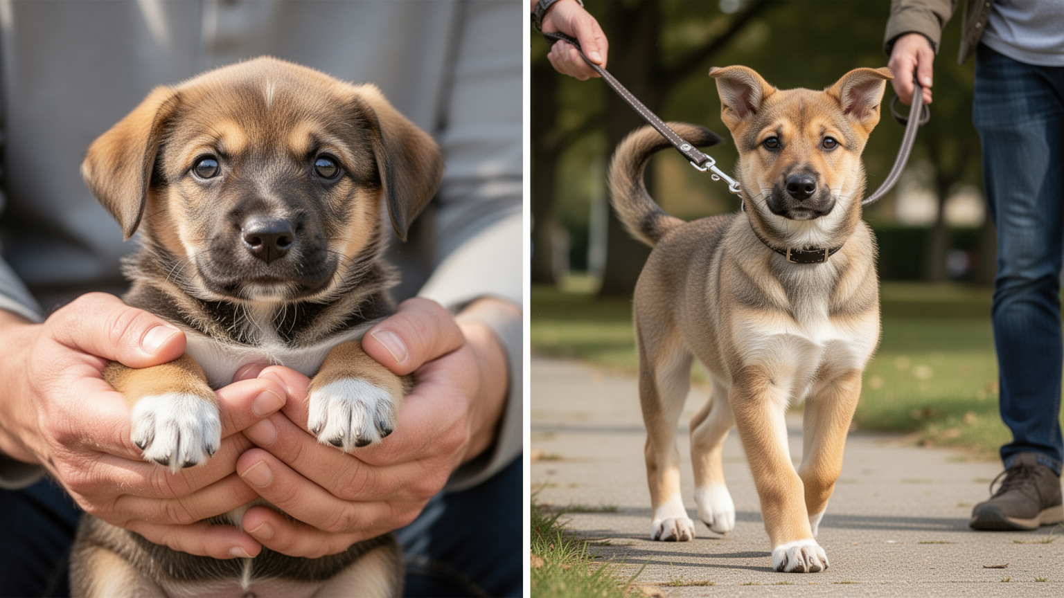 Comparison of puppy size at 8 weeks (in hands) versus 4 months (on leash)