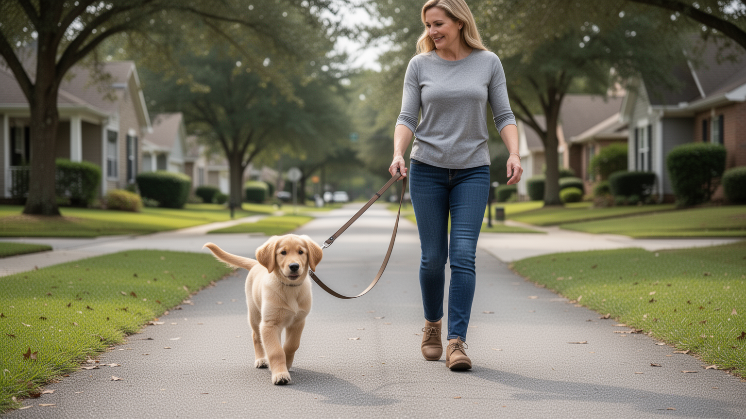 Owner walking puppy on leash along a neighborhood path