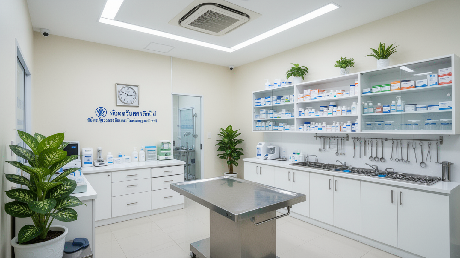 Clean, well-organized interior of professional veterinary clinic with organized supplies and modern equipment