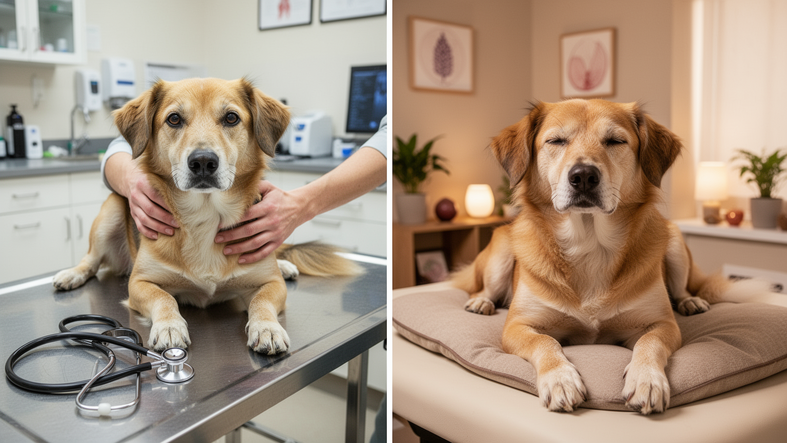 Two photos: dog in clinical vet exam setting (left), and dog in calm holistic wellness setting (right)