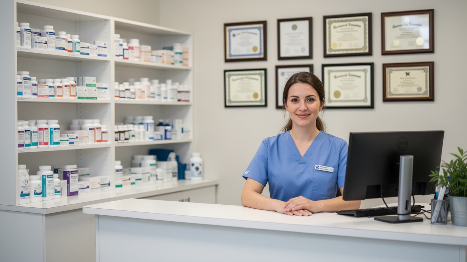 Professional veterinary clinic interior with organized workspace and credentialed practitioner